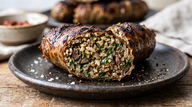 Grilled Libyan Usban Sausage Stuffed with Rice Herbs and Chopped Liver Cross-Section Close-Up