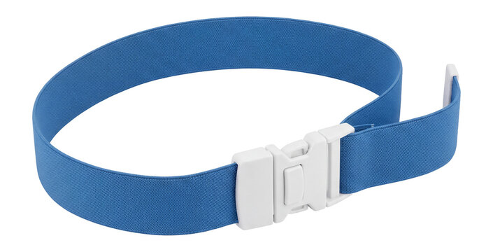 Medical tourniquet with blue elastic band and plastic buckle clasp, venipuncture strap isolated on transparent background