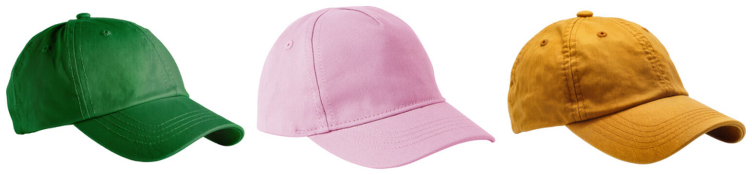 Three baseball caps in green, pink, and yellow, isolated on a white background