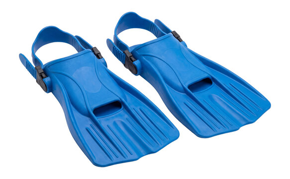Pair of short training swim fins in bright blue rubber with open heel straps, swimming flippers isolated on transparent background