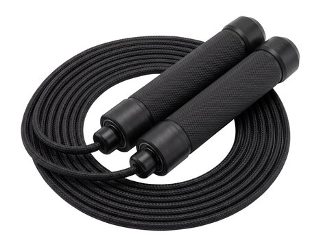Jump rope with thick black handles coiled in loop, fitness skipping rope with textured grips isolated on transparent background