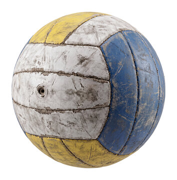Worn beach volleyball with scuffed yellow white and blue panels, used faded match ball isolated on transparent background