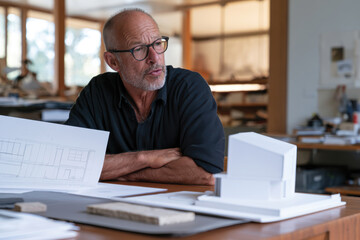 Fototapeta premium An architect is deeply engaged in discussing design plans in a modern studio, showcasing creativity and passion for architectural innovation.