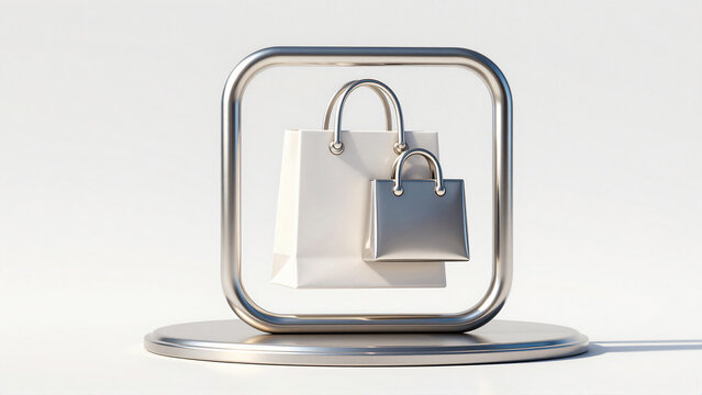 Metallic Shopping Bags Concept Icon Rendered on Circular Pedestal for Retail and Ecommerce
