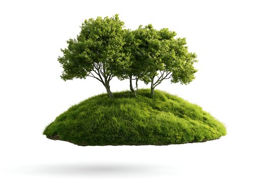 Floating green grassy mound with trees isolated on white background
