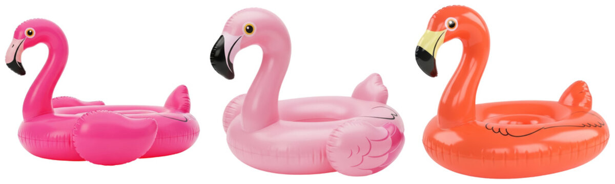 Three inflatable flamingo pool floats in pink and orange, isolated on a white background