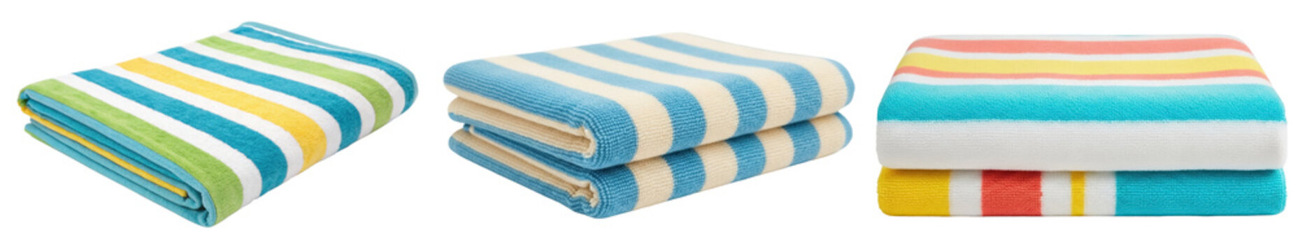 Three folded beach towels with colorful stripes, isolated on white background