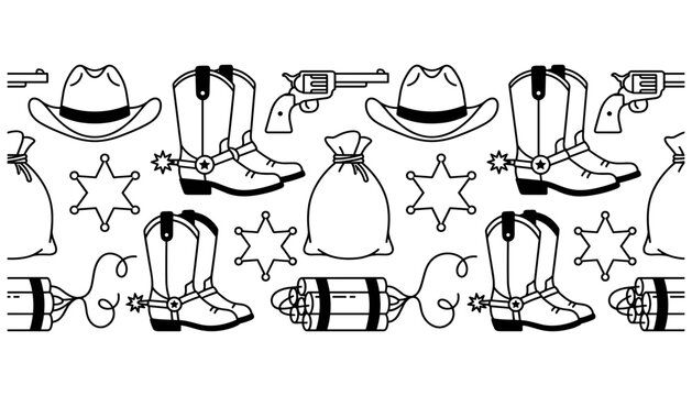 Wild West cowboy seamless border pattern vector set featuring black and white linear icons of boots hats stars guns dynamite and money bags