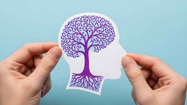 Hands holding a paper cutout of a human head silhouette with a purple tree brain symbolizing mental growth and psychological health