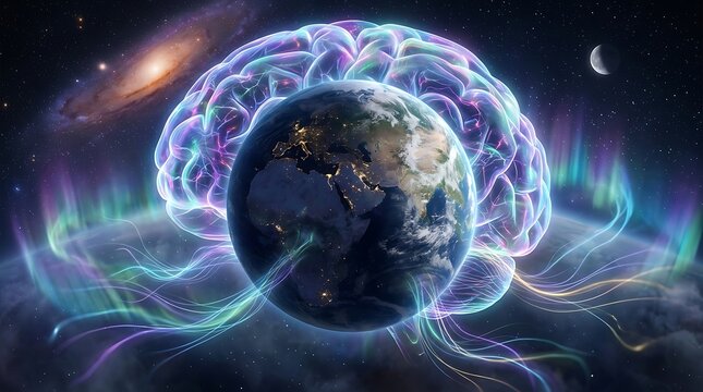 Human brain combined with planet Earth floating in deep space with glowing blue light particles