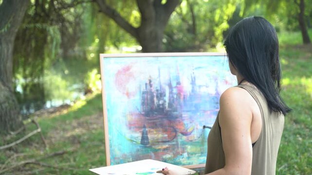 Beautiful woman artist painting on a canvas by the river in a dress