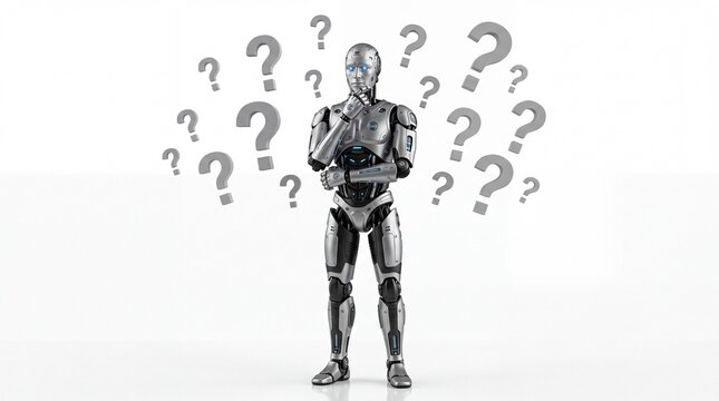 Futuristic robotic humanoid standing in deep contemplation while surrounded by numerous floating question mark symbols isolated against a bright on white background