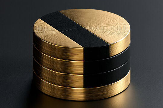 3D render of stacked luxury gold and black metallic tokens for cryptocurrency and fintech concept