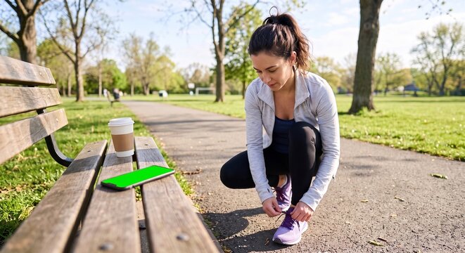 Woman tying running shoe beside phone and coffee in park