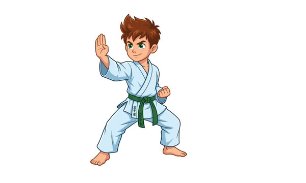 Little boy practicing karate, martial arts fighter in white uniform, green belt vector illustration