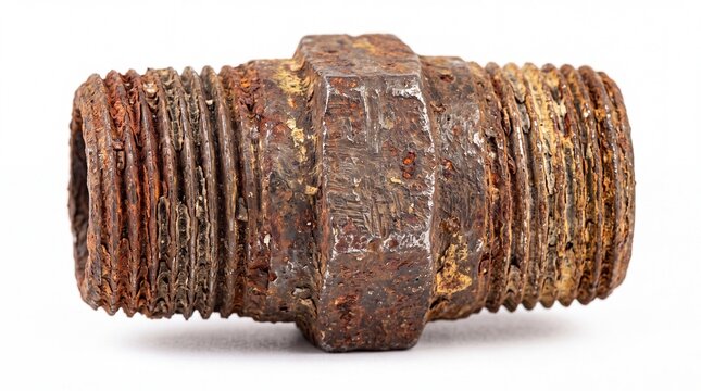 Weathered metal pipe fitting with worn threads and heavy oxidation captured in a high resolution macro studio shot on white background