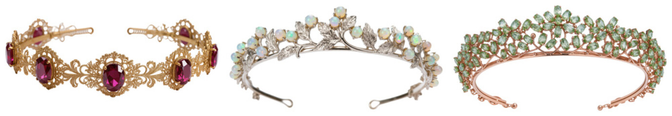 Three tiaras with gemstones, isolated on a white background © NongVan