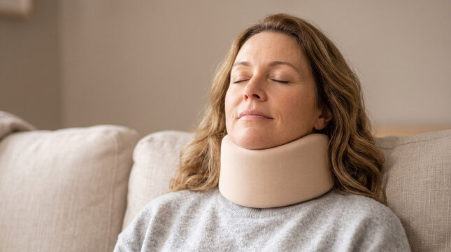 Retrato comercial de alta resoluci&oacute;n de un adulto en ropa de descanso c&oacute;moda relaj&aacute;ndose en el interior, usando un collar&iacute;n cervical suave con expresi&oacute;n de alivio