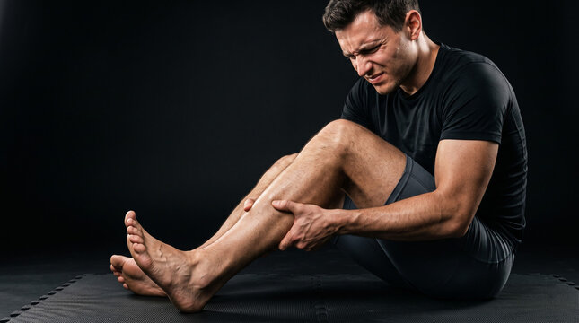 Retrato comercial de alta resoluci&oacute;n enfocado estrechamente en un adulto experimentando un calambre muscular doloroso en la pantorrilla, agarrando el m&uacute;sculo con fuerza