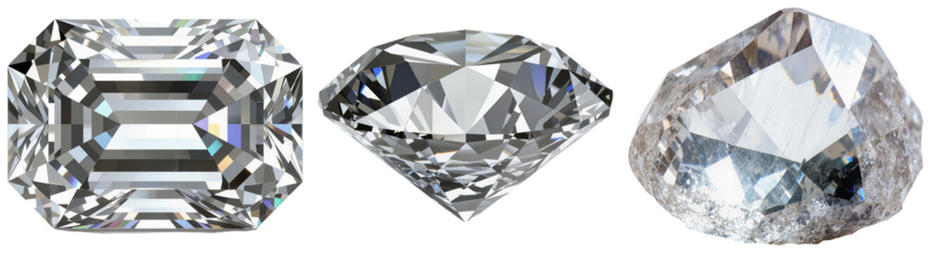 Three different diamond cuts and a rough diamond isolated on white background
