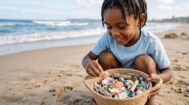 Child discovering a collection of seashells and natural objects during a beach exploration, environmental curiosity, simple ocean waves and sandy shapes, educational vacation concept, Children's Day