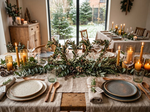 Elegant winter holiday table setting with candles and greenery indoors