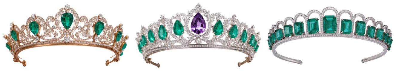 Three ornate tiaras adorned with emeralds and diamonds, isolated on a white background © NongVan