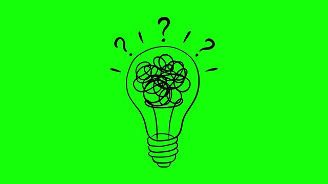 Hand-drawn glowing lightbulb with tangled scribble knot, questions, green screen chroma key loop. For complicated ideas, brainstorming blocks, anxiety, or complex thinking processes.