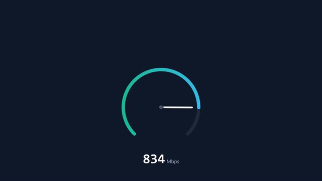 Digital internet speed test animation showing fast data transfer rate in megabits and gigabits per second