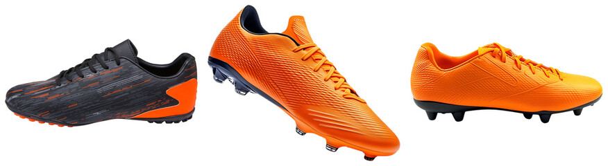 Three soccer cleats, one black and orange, two bright orange, isolated on white background © NongVan
