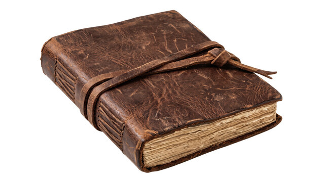 Vintage leather journal with wrap tie, rustic brown leather notebook, antique handmade diary with deckle edge paper isolated on white