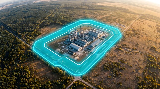 Aerial view of an industrial plant complex with digital GIS Buffer zoning and geospatial mapping analysis