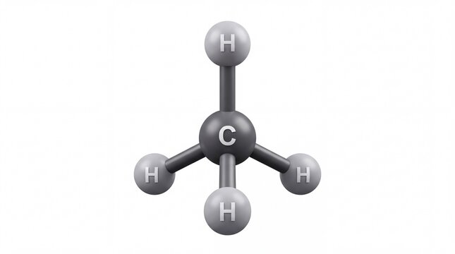 Methane molecule structural model featuring carbon and hydrogen atoms rendered in a simple three dimensional graphic style on white background