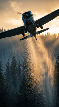 Small airplane dropping water over a dense pine forest. Aerial firefighting or crop dusting operation at sunset