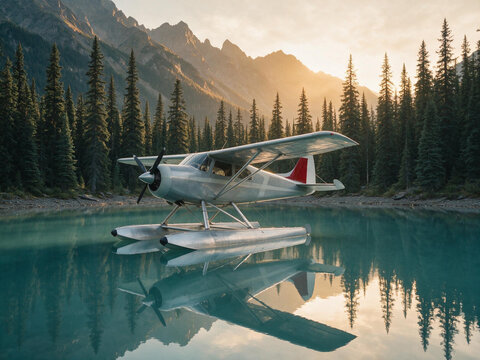 Silver seaplane resting on a still turquoise alpine lake. Floatplane reflecting in water surrounded by pine forest and mountains