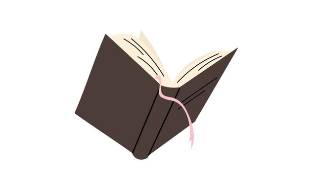 Brown book with flipping pages and pink bookmark swaying. Stylized 2D animation on a white background. Ideal for library, education, book club, and storytelling content.