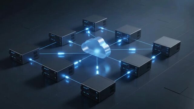 Cloud Computing Network with Connected Servers and Glowing Data Connections, Technology Motion Graphic