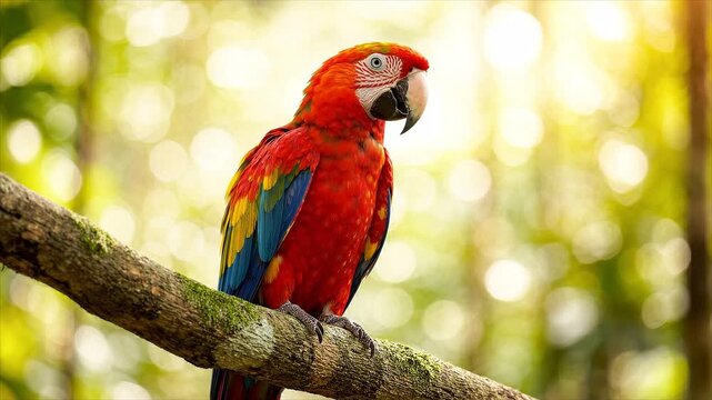 Colorful macaw parrot sits on a natural branch against soft tropical green bokeh.