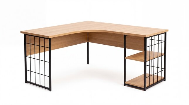 Modern corner office desk with wooden surface and black metal frame architecture displayed in high resolution view on white background