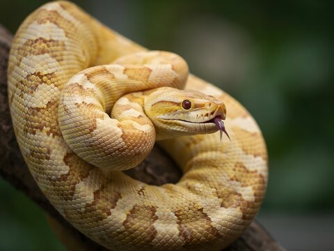 Yellow albino snake coiled on a tree branch with tongue flicking out in nature