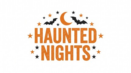 Halloween typography logo with orange bats and crescent moon black stars for holiday seasonal merchandise design print projects. © Faysal