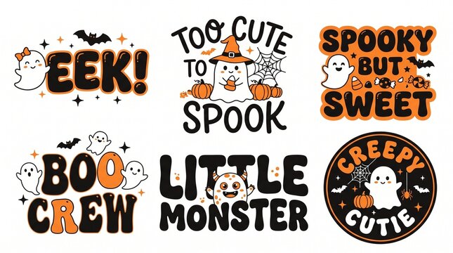Halloween cartoon ghost sayings Eek boo crew spooky but sweet little monster creepy cutie graphics.