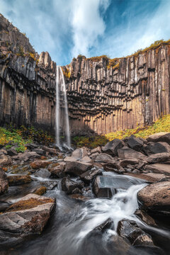 View of Svartifoss waterfall cascading over dark basalt columns into a rocky stream with mossy stones under a blue sky in Iceland.