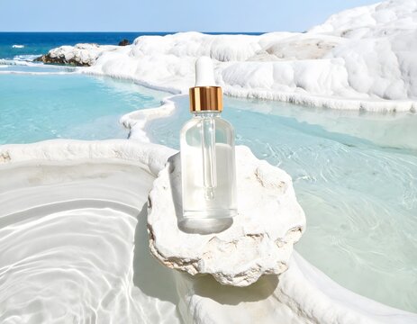 A clear cosmetic serum bottle with a gold dropper rests on a white rock, surrounded by cascading turquoise pools and white geological formations, evoking a sense of natural luxury and purity.