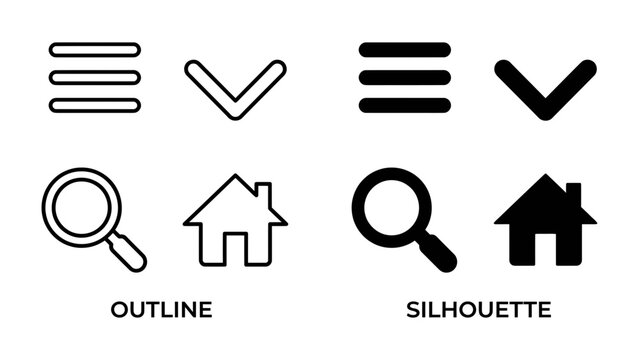 Icon Set: Outline and Silhouette Styles: A collection of common interface icons, including menu, dropdown arrow, search, and home symbols, presented in both outline and silhouette styles.