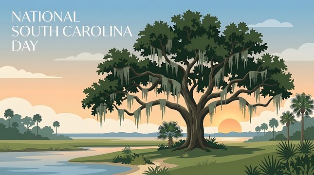 Spanish moss covering a live oak tree in the South, with a simple National South Carolina Day text