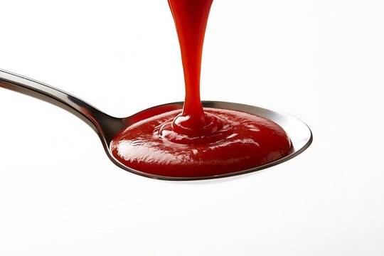Ketchup pouring onto a silver spoon isolated on white background