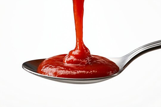 Ketchup pouring onto a silver spoon isolated on white background