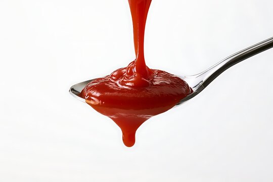 Ketchup pouring onto a silver spoon isolated on white background