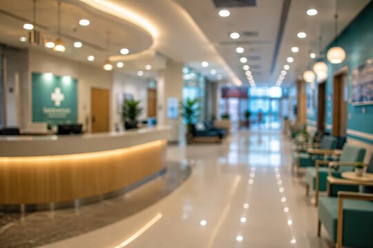 Blurred hospital reception desk clinic waiting room lobby interior healthcare facility background modern professional medical center